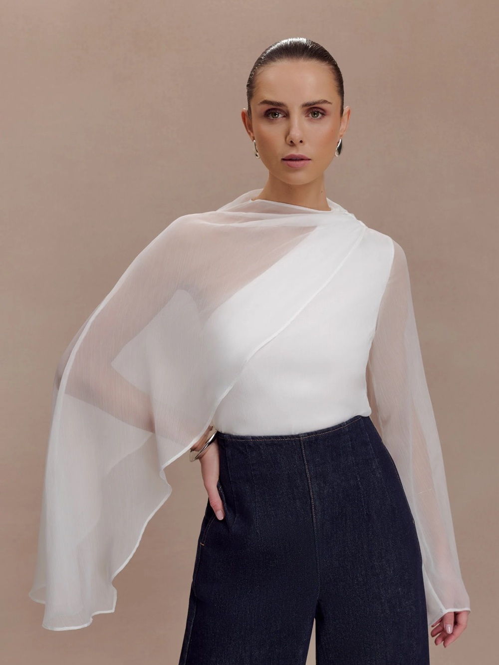 Meshki Ida Sheer Asymmetrical Long Sleeve Cape White